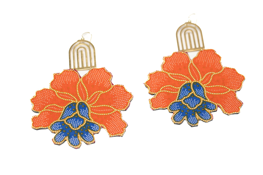 Brass Floral Batik Earring - Orange