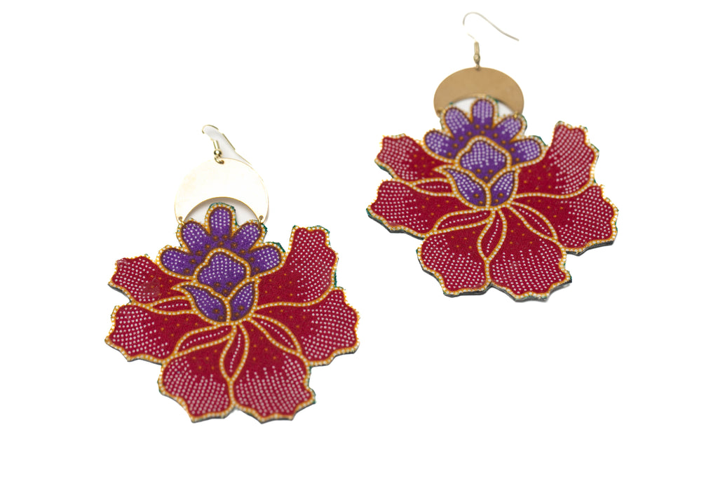 Brass Floral Batik Earring - Fuschia